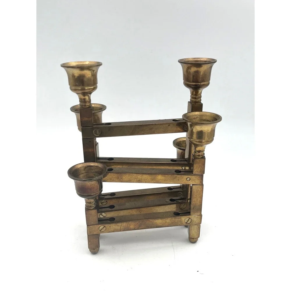 Vtg Danish Modern Brass Accordion Folding Candelabra 6 Light‎ Candle Holder MCM